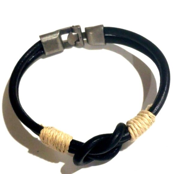 Black Leather Knot Bracelet with Beige Wrap – Adjustable Unisex Boho  Wristwear - Picture 4 of 9